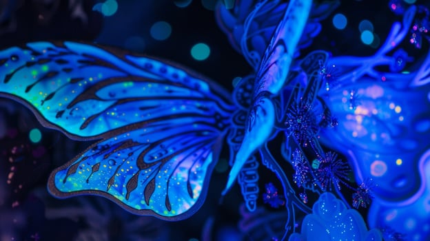 Detailed shot of a glowing fairy sticker with ling wings and fluorescent magic dust photo