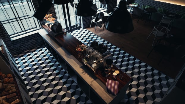 Modern Cafe Interior With Checkered Floor and Long Table photo