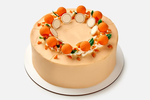 Orange-themed honey cake with whipped sour cream and chocolate decoration photo