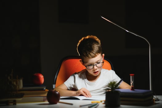 boy doing homework at home in evening photo