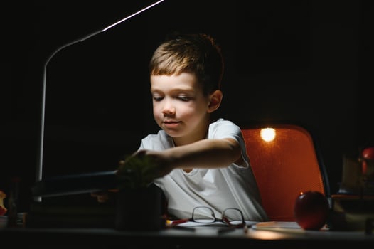 boy doing homework at home in evening photo