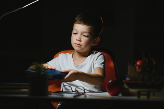 Boy learn lessons in the home setting at the table in the light of a table lamp. photo