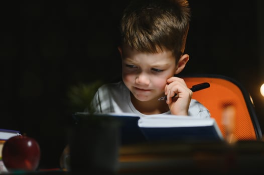 boy doing homework at home in evening photo