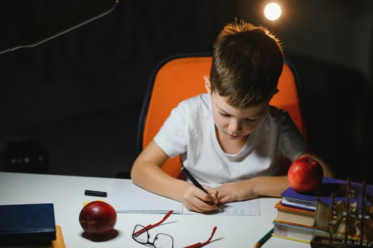 boy doing homework at home in evening photo