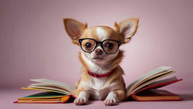 Cute dog with glasses reading a book photo