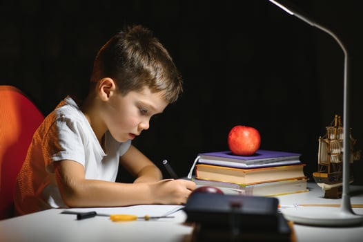 boy doing homework at home in evening photo