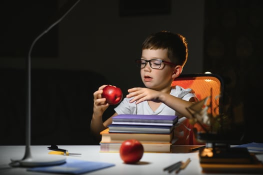 Boy learn lessons in the home setting at the table in the light of a table lamp. photo