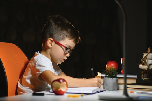boy doing homework at home in evening photo