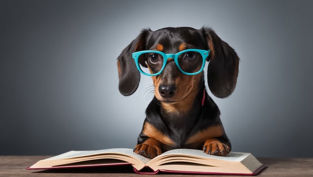 Cute dog with glasses reading a book photo
