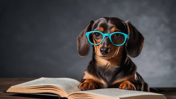 Cute dog with glasses reading a book photo