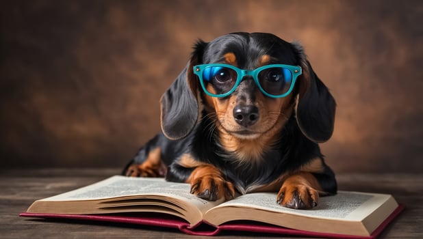 Cute dog with glasses reading a book photo