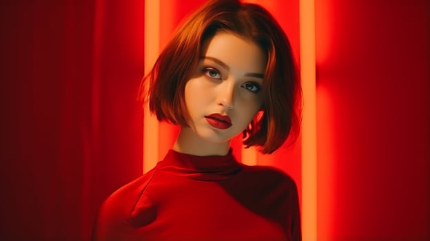 Beautiful girl on a red background. The girl in red. . photo