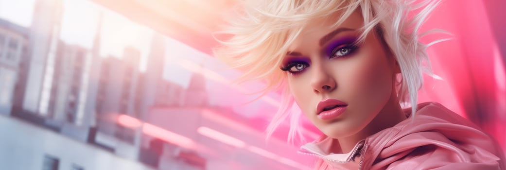 Blonde girl in pink style with cityscape. . photo
