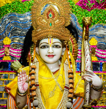 Statue of Rama close up face, hindu god, Rama - He is the seventh and one of the most popular avatars of Vishnu. photo