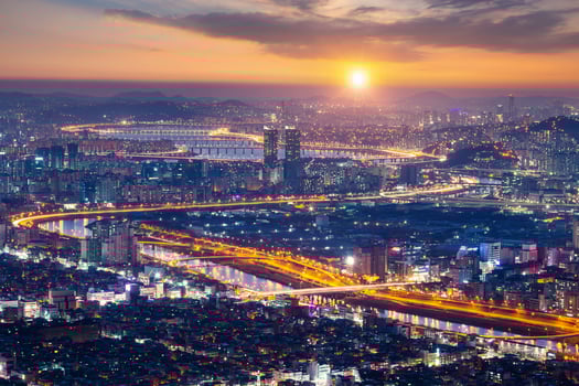 Seoul city skyline and Han River at sunset Downtown Seoul, South Korea photo