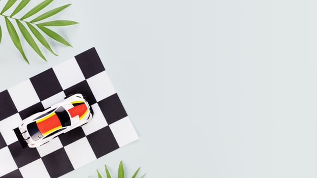 Racing competitions banner with car rally flag and sport car photo