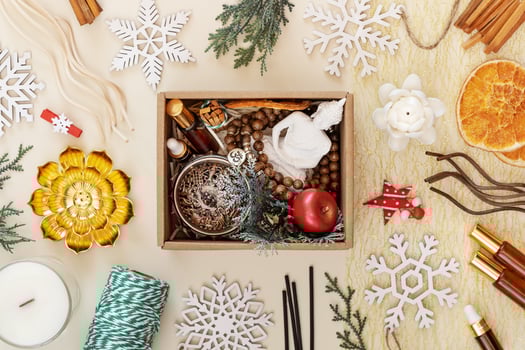 Gift box with buddha statue, aroma sticks, natural oils and decorations photo