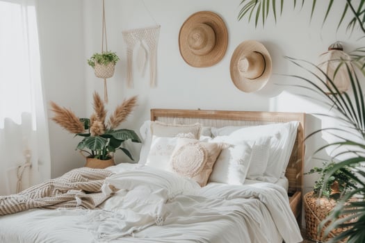 Boho Chic Bedroom, Tulum Vibes in Light Grey and White photo