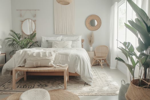 Boho Chic Bedroom, Tulum Vibes in Light Grey and White photo