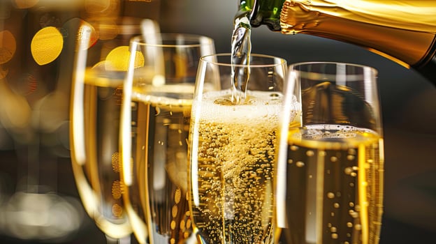 A close up of a bottle of champagne being poured into a glass photo