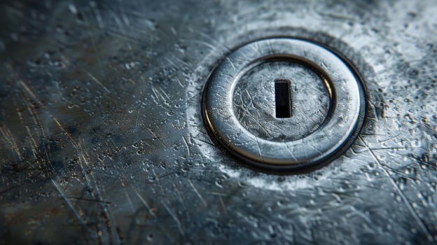 A closeup of a power button showcasing a brushed metal texture with faint scratches and marks photo