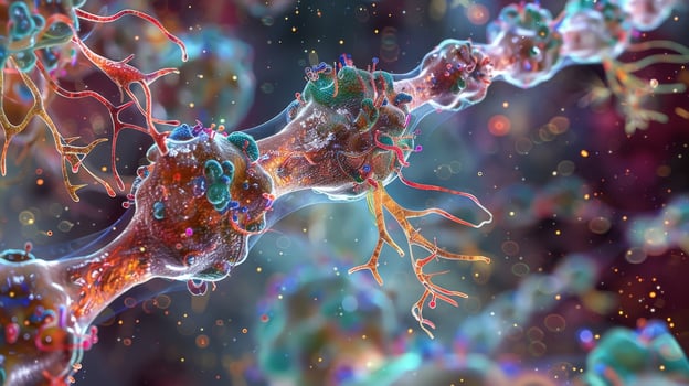 Detailed illustration of the synaptic cleft depicting the specialized proteins and receptors that allow for neurotransmitter binding and transmission photo