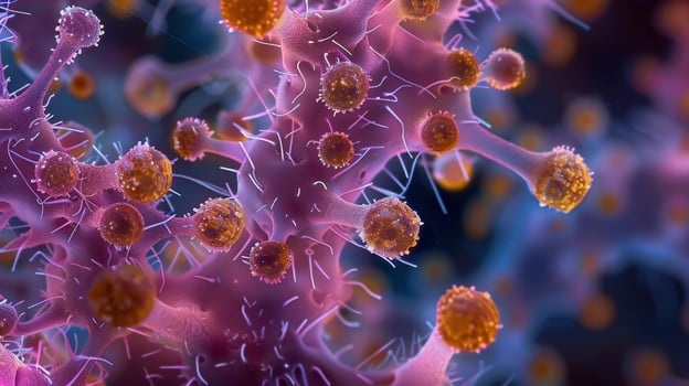 A microscopic glimpse of the complex interactions between immune cells and synovial cells as they work together to maintain a delicate balance in joint health and function photo