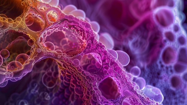 A highpowered microscopic image of the intricate tubes and structures of a kidney nephron responsible for regulating pressure and filtration photo