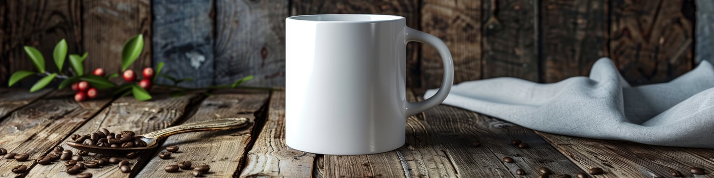 a white mug on a wooden table with beans photo