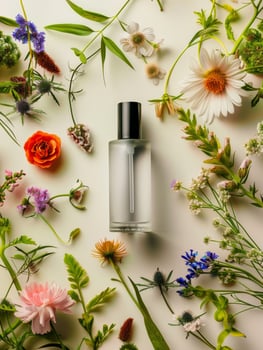 a bottle of perfume surrounded by flowers photo