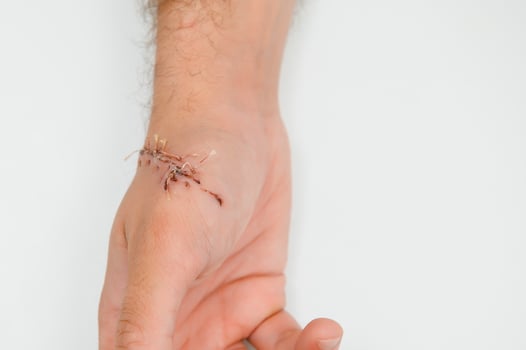 Close-up of a hand wound with stitches photo