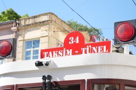 turkey Istanbul 12 may 2023. Nostalgic red tram in Taksim Square.. photo