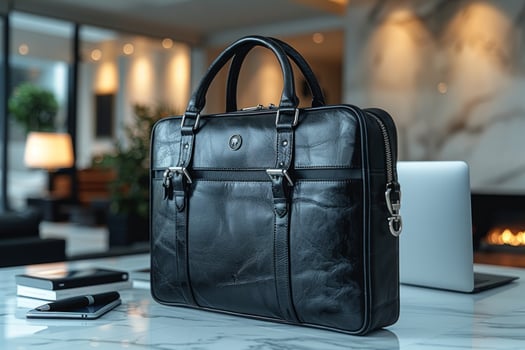 Professional Business Accessories Leather Briefcase Laptop and Smartphone photo