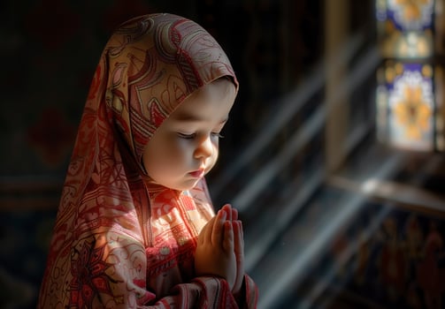 A cute little Muslim girl prays, her small hands raised in devotion. . photo