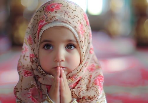 A cute little Muslim girl prays, her small hands raised in devotion. . photo