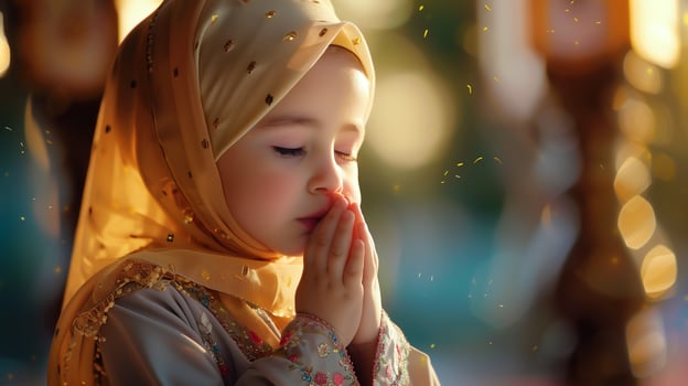 A cute little Muslim girl prays, her small hands raised in devotion. . photo