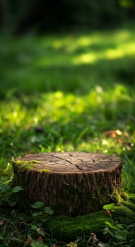 Wooden stump podium on forest clearing with green grass photo