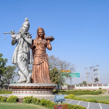 Big statue of Lord Radha Krishna near Delhi International airport, Delhi, India, Lord Krishna and Radha big statue touching sky at main highway Mahipalpur, Delhi photo