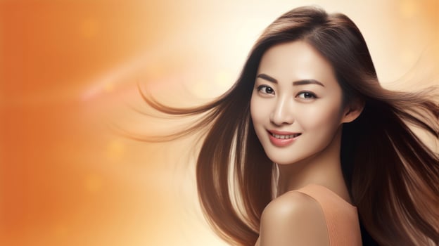 Asian woman model smiling with long hair, copy space photo