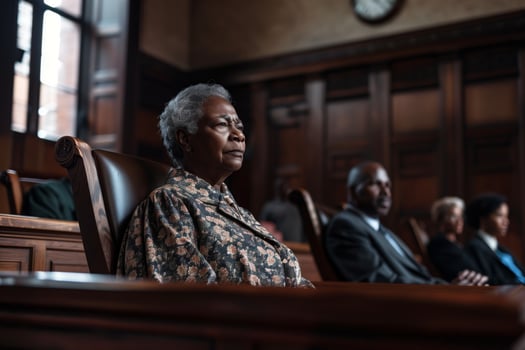 Elderly Woman Seated In Courtroom photo