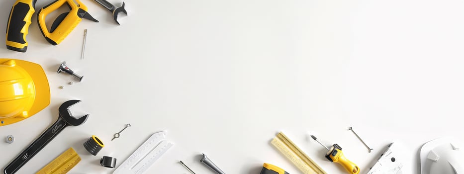 Various construction tools on a white background. Concept of building, repair work, engineering, craftsmanship, hand tools. Top view. Copy space photo