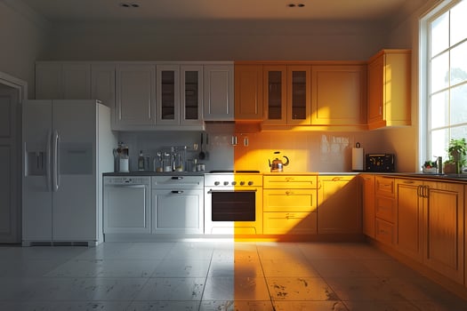 A kitchen featuring a refrigerator, stove, sink, and a window photo