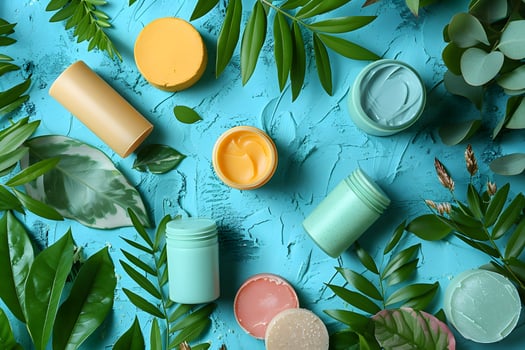 Various colored skin care product containers on blue surface photo