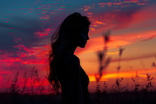 Woman in sunset field silhouette photo