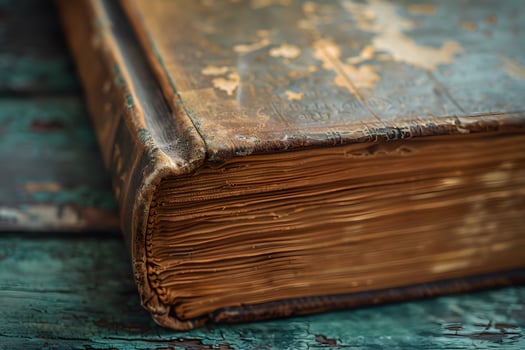 An old book with a brown cover on a wooden table photo