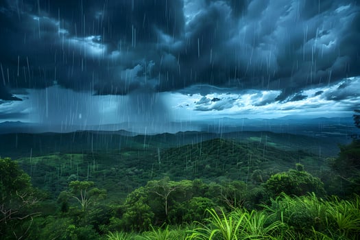 A close up of a rain storm over a lush green forest photo