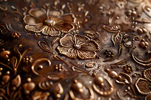 Metal plate featuring intricate flower design in close-up photo