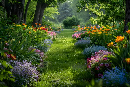 A view of a garden with lots of flowers and trees photo