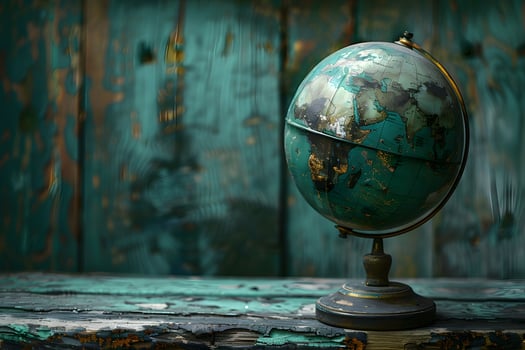 Small globe on wooden table with green background photo