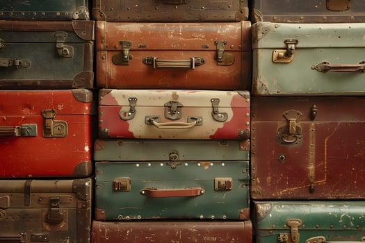 Stacked old suitcases close up photo